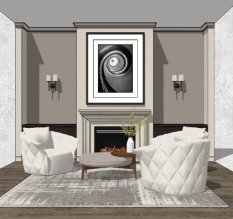 北欧客厅 单人沙发 茶几 壁炉