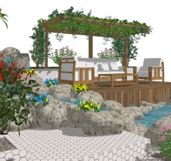 现代庭院景观 园林景观 水景鱼池假山 植物花草