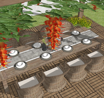 现代户外庭院景观 户外餐厅餐桌椅 花架盆栽植物