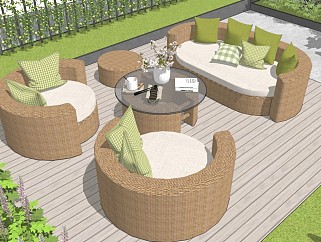 现代庭院<em>沙发</em>休闲桌椅 庭院景观 植物盆栽