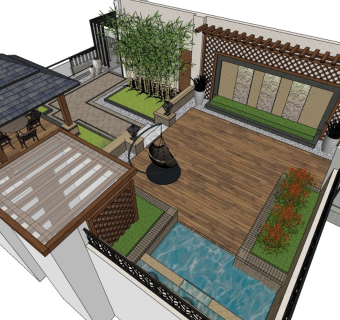 现代私家花园屋顶花园 庭院景观 盆栽植物 景观小品 庭院家具