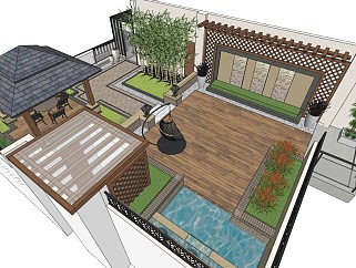 现代私家花园屋顶花园 庭院景观 盆栽植物 景观小品 庭院家具
