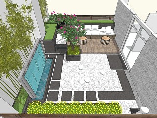 现代屋顶花园景观 水景小品 植物盆栽 户外沙发
