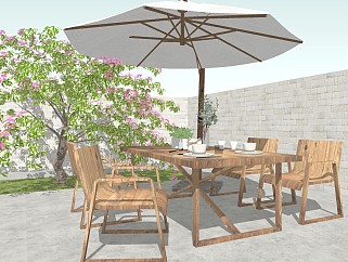 现代庭院休闲桌椅 户外餐桌椅 太阳伞 庭院景观植物