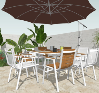 现代庭院休闲桌椅 户外餐桌椅 太阳伞 庭院景观植物