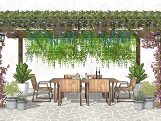 现代庭院景观 花架廊架 户外桌椅 植物盆栽
