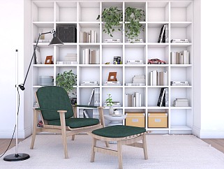 现代书房阅读室 休闲沙发 书柜展示柜