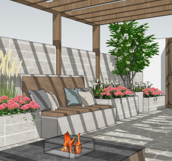 现代住宅庭院景观 户外桌椅 植物盆栽