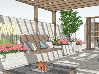 现代住宅庭院景观 户外桌椅 植物盆栽