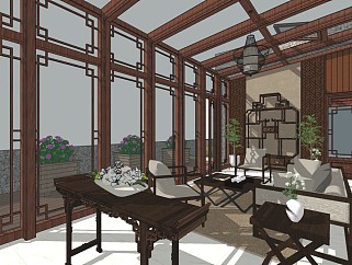 中式茶室 阳光房 中式家具