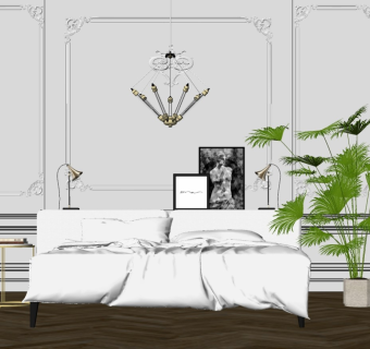 北欧简约卧室 床 背景墙 室内盆栽 吊灯