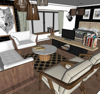 现代客卧一体 客厅卧室 沙发桌椅 床
