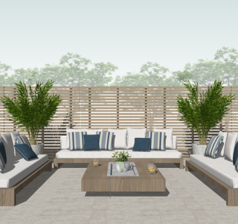 户外庭院组合沙发 木栅栏 户外桌椅 植物盆栽