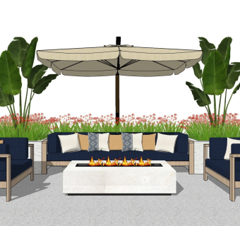 户外休闲沙发 太阳伞桌椅 庭院景观 植物盆栽