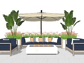 户外休闲沙发 太阳伞桌椅 庭院景观 植物盆栽