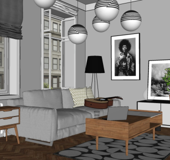 北欧中性风客厅 沙发桌椅 吊灯 电视柜 软装摆件