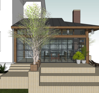 庭院玻璃阳光房.户外太阳伞桌椅 庭院景观 植物