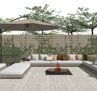 北欧庭院景观 户外沙发 太阳伞桌椅 庭院围栏 植物绿篱