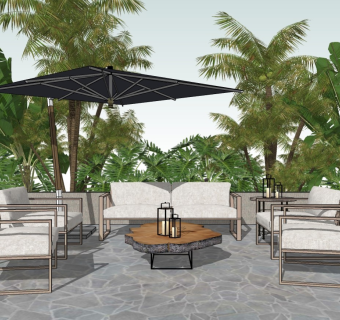 庭院景观 户外沙发 太阳伞桌椅 植物盆栽