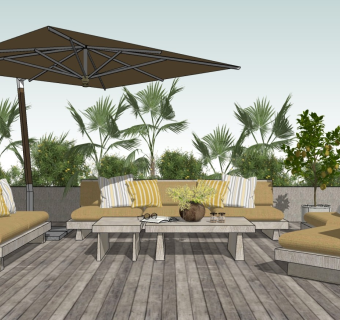 北欧庭院休闲沙发椅 太阳伞桌椅 植物景观