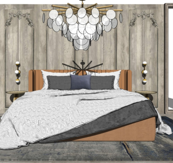 美式卧室 床头背景墙 床 吊灯