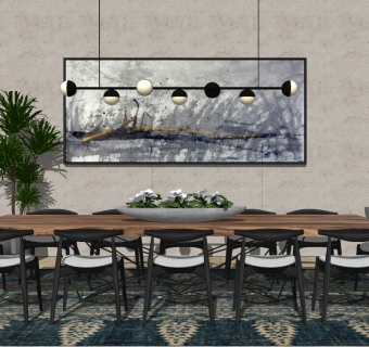 新中式餐厅饭厅 餐桌椅 餐边柜 壁画摆件 室内盆栽