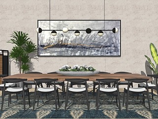 新中式餐厅饭厅 餐桌椅 餐边柜 壁画摆件 室内盆栽