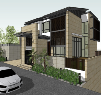 现代住宅建筑 独栋别墅 住宅大门 入口景观墙 庭院