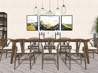 新中式餐厅饭厅 餐桌椅 餐边柜 壁画
