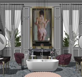 欧式轻奢卫生间 卫浴淋浴房 浴室柜 浴缸