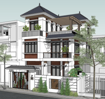 新中式独栋别墅 多层住宅 庭院景观 居住建筑