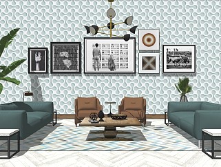 北欧家居客厅 沙发组合 茶几边几 室内盆栽 装饰画