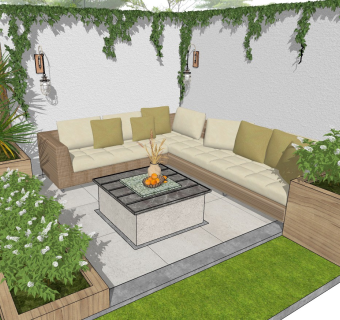 现代庭院景观 户外沙发凳 植物盆栽 阳台花园