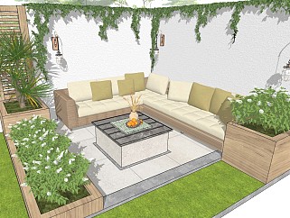 现代庭院景观 户外沙发凳 植物盆栽 阳台花园