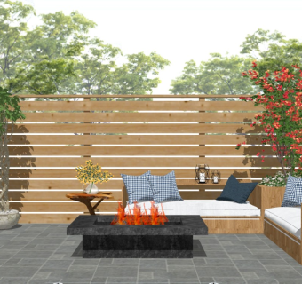 现代休闲庭院 木围栏 户外沙发 植物盆栽