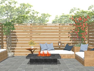 现代休闲庭院 木围栏 户外沙发 植物盆栽