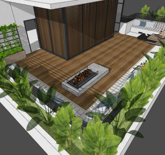 现代阳台花园庭院景观 户外桌椅 植物盆栽