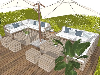 现代庭院景观 户外沙发 太阳伞桌椅 植物绿篱绿植墙盆栽
