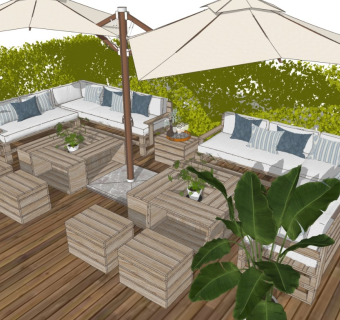 现代庭院景观 户外沙发 太阳伞桌椅 植物绿篱绿植墙盆栽