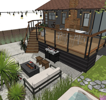 现代住宅休闲庭院 花园景观 植物盆栽 户外桌椅