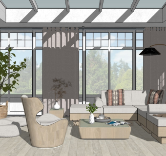 北欧庭院阳光房 阳台花园景观 沙发桌椅 室内盆栽