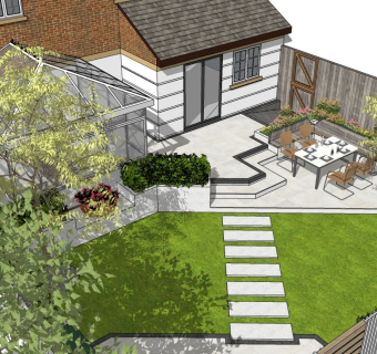 现代住宅休闲庭院 入门花园景观 植物盆栽 户外桌椅