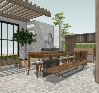 现代住宅庭院景观 后院后花园  植物盆栽 户外桌椅 花架凉棚