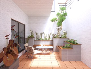 现代庭院花园阳台院子 户外桌椅 植物盆栽 景观座椅