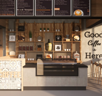 现代休闲咖啡店 甜品店餐吧餐厅 餐厅前台 商品展示柜