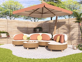 现代户外休闲沙发 庭院花园景观 植物盆栽 太阳伞 户外家具