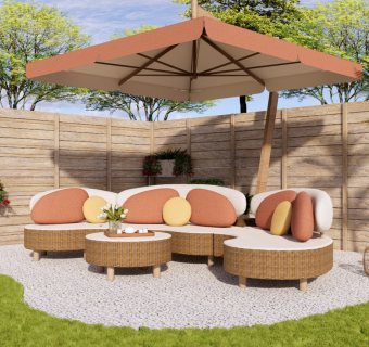 现代户外休闲沙发 庭院花园景观 植物盆栽 太阳伞 户外家具