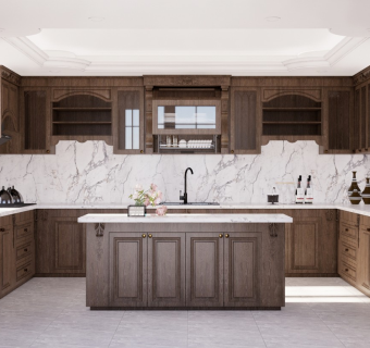 美式古典厨房 实木橱柜 岛台吧台 美式造型装饰线