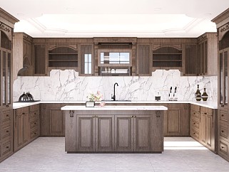 美式古典厨房 实木橱柜 岛台吧台 美式造型装饰线