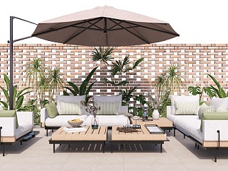 現代戶外休閑沙發 沙發茶幾組合 庭院綠植 植物花園景觀 灌木 太陽傘